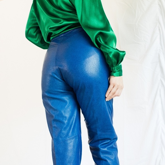 blue leather pants